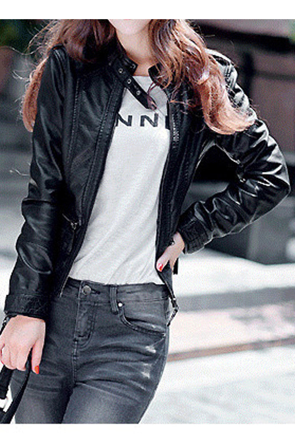 Women Amazing Stand Collar Neck Belt & Buckle Zippered Cuff Front Fastener Vertical Zippered Pocket Snug Winter Leather Jacket