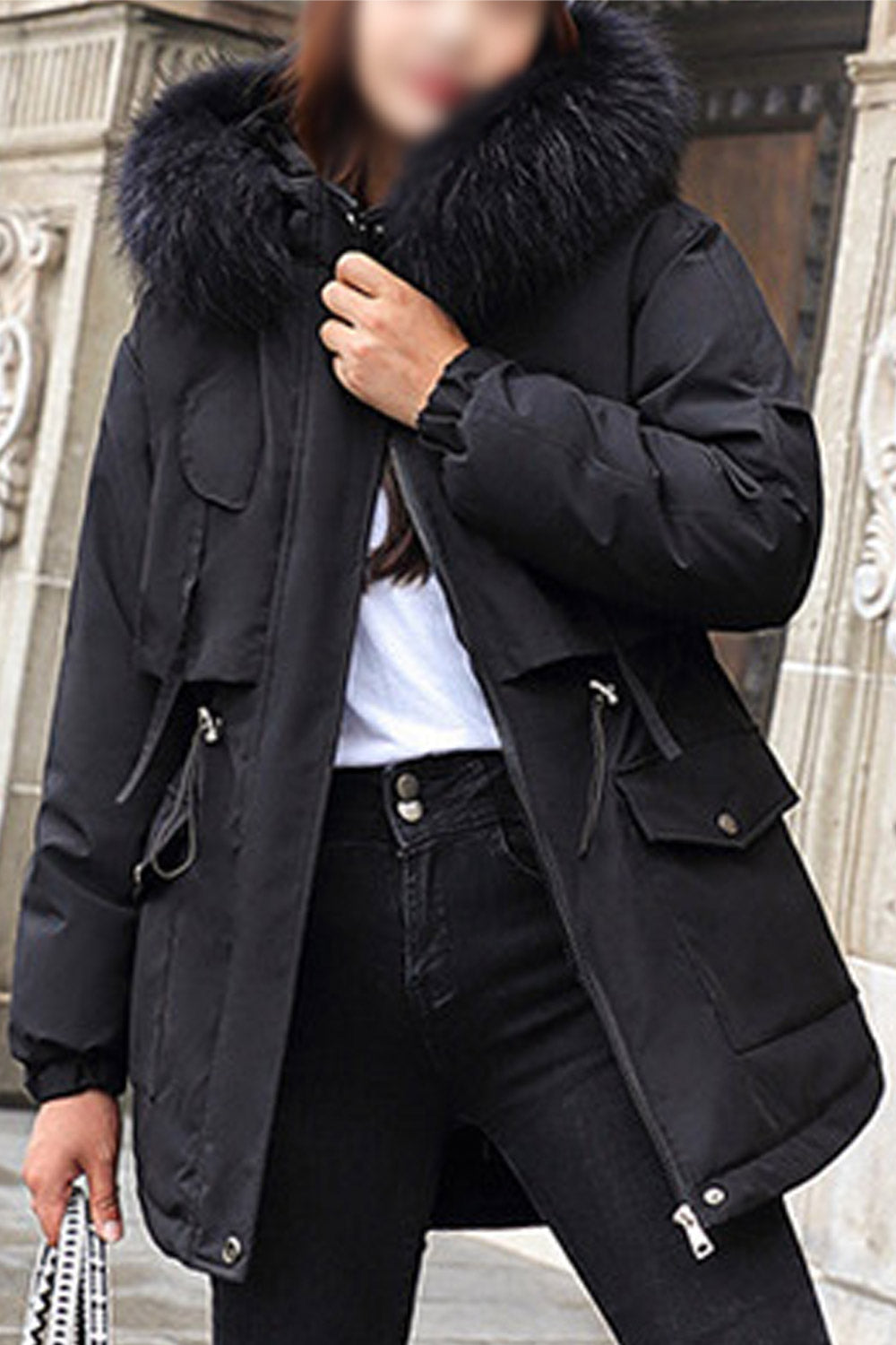 Women Stylish Fluffy Hooded Neck Stretchable Cuff Drawstring Waist & Flap Closure Pocket Relax Winter Padded Jacket