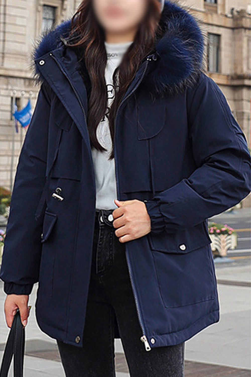 Women Stylish Fluffy Hooded Neck Stretchable Cuff Drawstring Waist & Flap Closure Pocket Relax Winter Padded Jacket