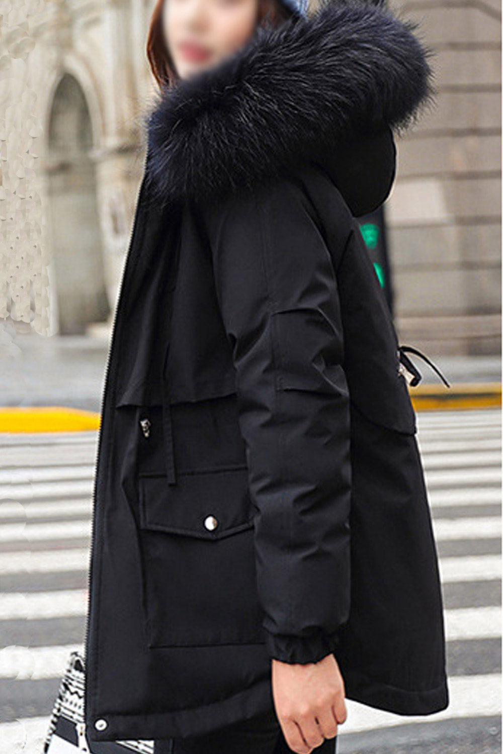 Women Stylish Fluffy Hooded Neck Stretchable Cuff Drawstring Waist & Flap Closure Pocket Relax Winter Padded Jacket
