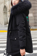 Women Stylish Fluffy Hooded Neck Stretchable Cuff Drawstring Waist & Flap Closure Pocket Relax Winter Padded Jacket