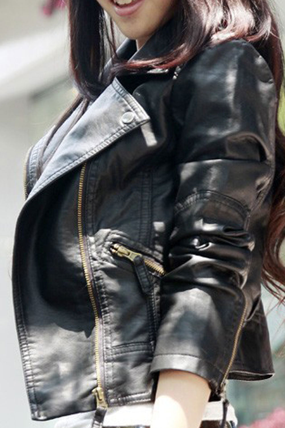 Women Appealing Lapel Collar Fitted Long Sleeves Side Zip Fastener & Straight Zippered Pocket Slim Short Winter Leather Jacket