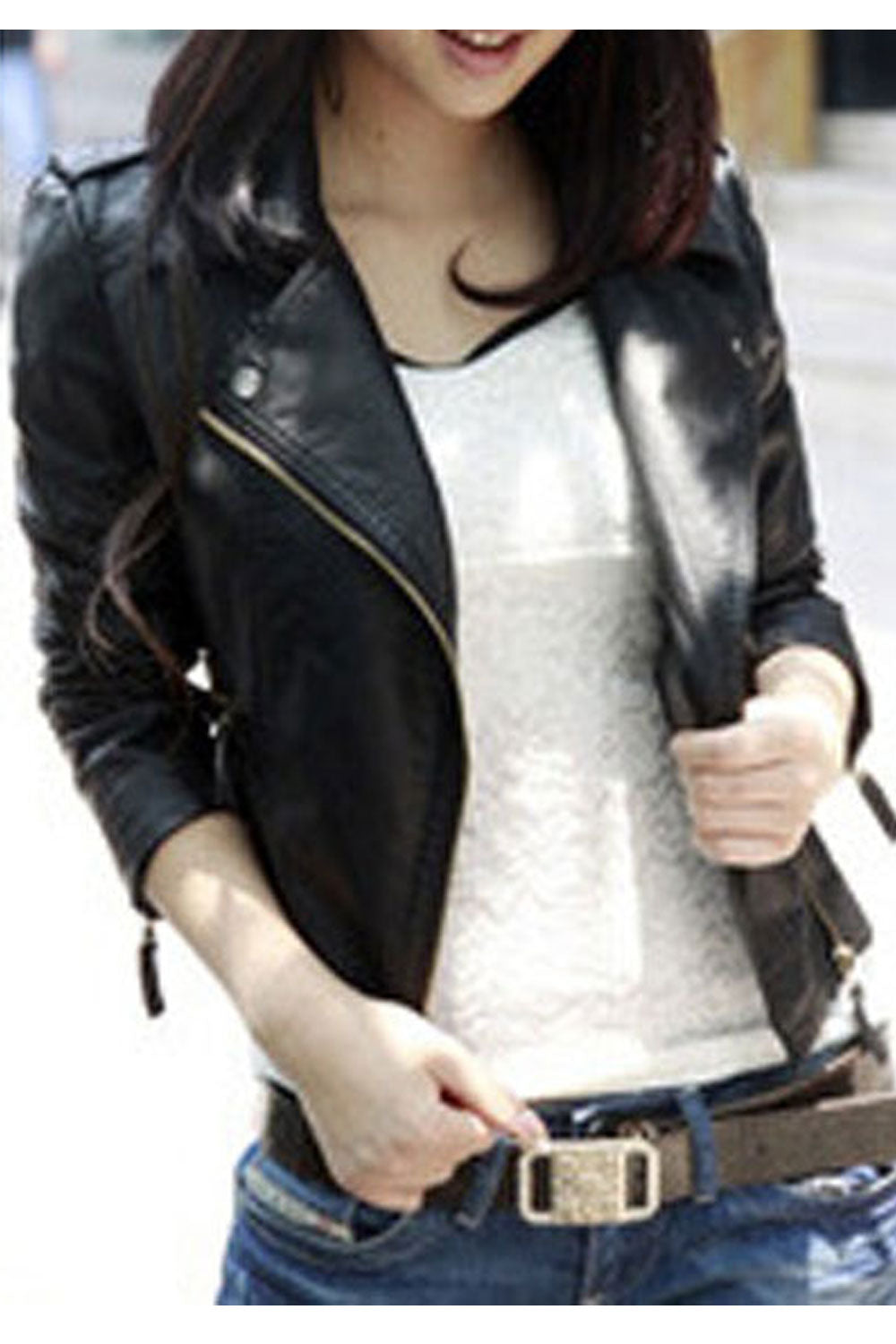 Women Appealing Lapel Collar Fitted Long Sleeves Side Zip Fastener & Straight Zippered Pocket Slim Short Winter Leather Jacket
