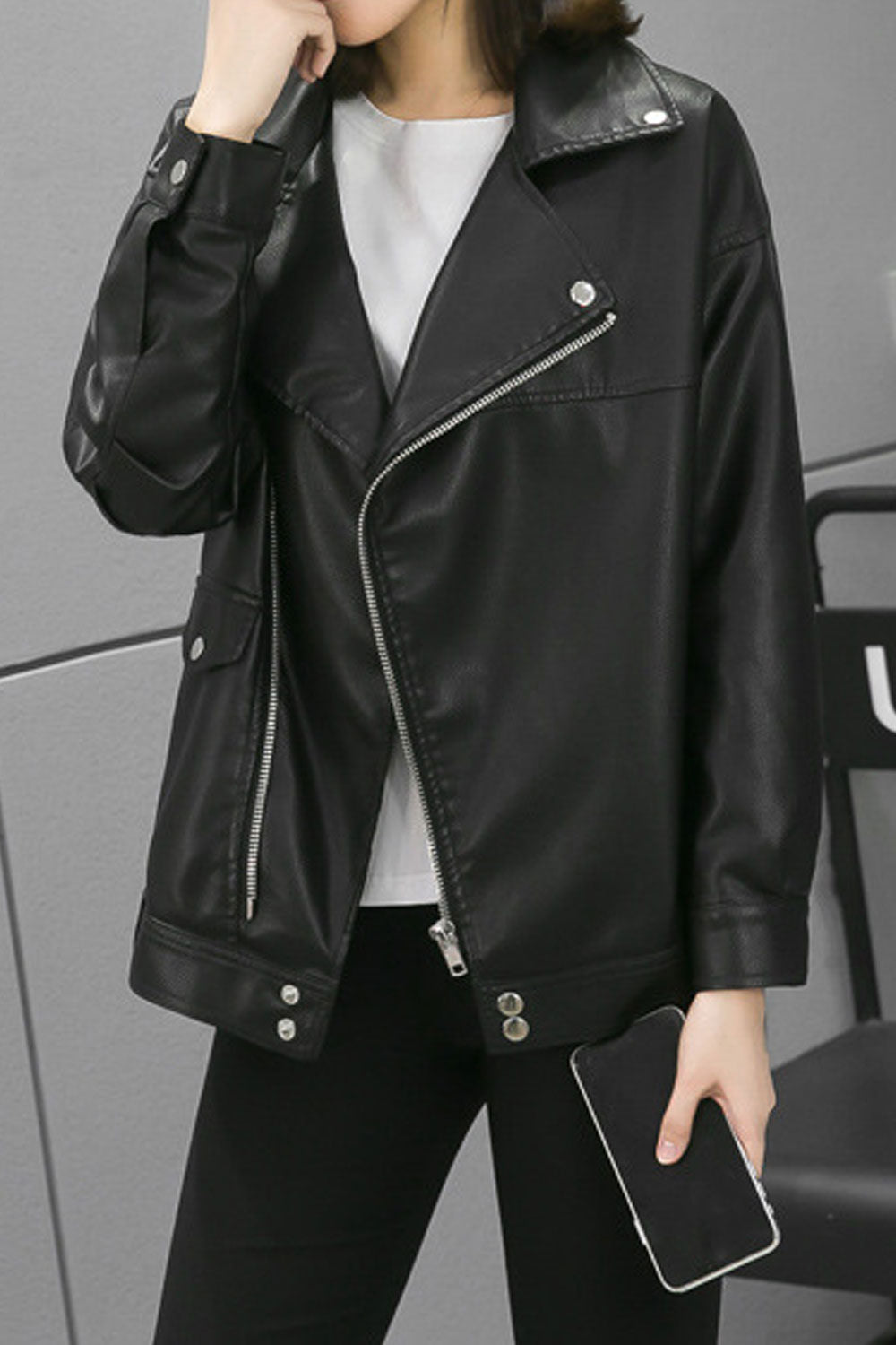 Women Stunning Cross Zipper Closure Collar Neck Loose Fit Winter Leather Jacket