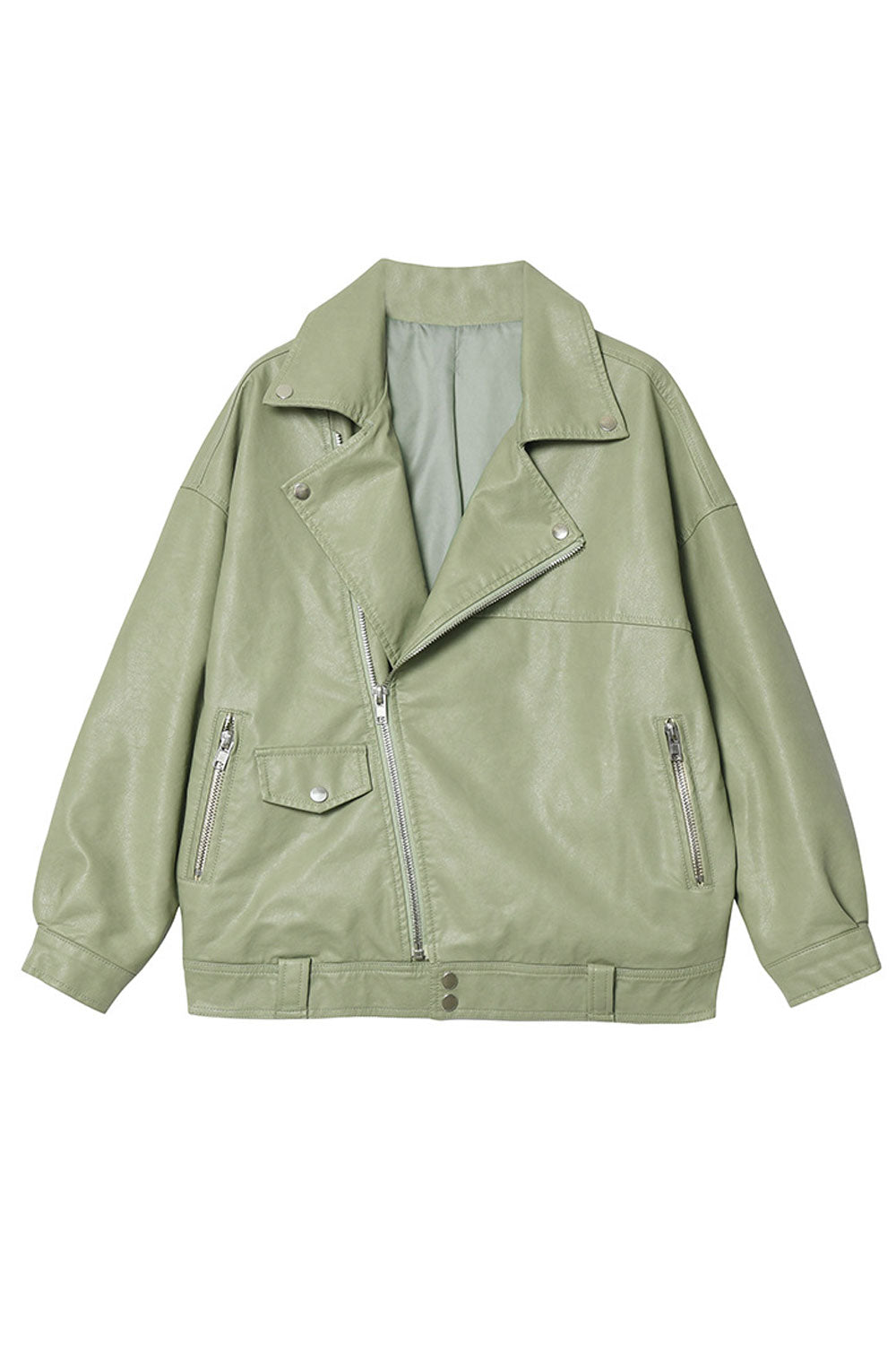 Women Stunning Cross Zipper Closure Collar Neck Loose Fit Winter Leather Jacket