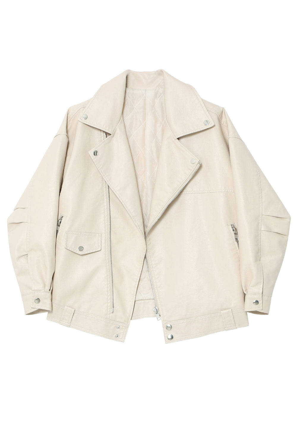 Women Stunning Cross Zipper Closure Collar Neck Loose Fit Winter Leather Jacket