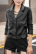 Women Sophisticated lapel Collar Neck Fitted Long Sleeves Buttoned Fastener Flap Closure Pocket Comfy Winter Leather Jacket