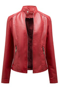 Women Casual Stand Collar Neck Quick Zip Closure Solid Pattern Easily Wearable Leather Jacket