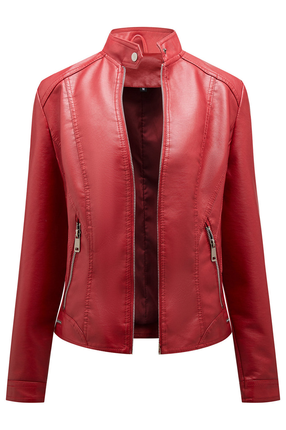 Women Casual Stand Collar Neck Quick Zip Closure Solid Pattern Easily Wearable Leather Jacket