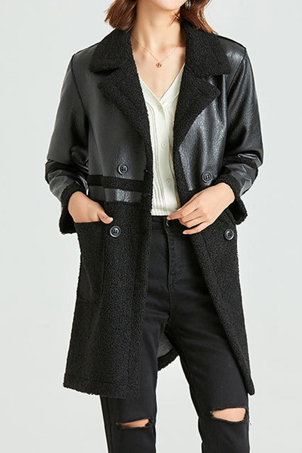 Women Awesome Above The Knee Collar Neck Coat Style Fashionable & Comfortable Winter Leather Jacket