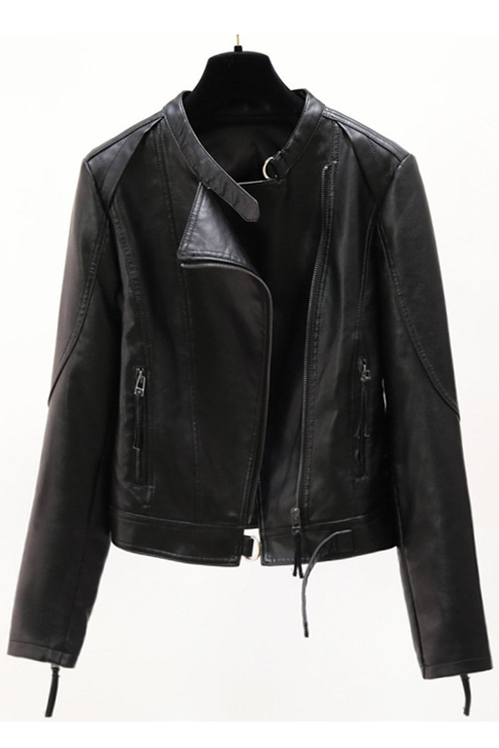 Women Decent Stand Collar Neck Long Zipper Sleeves Waist Belt & Buckle Side Zipper Closure Dilute Winter Leather Jacket