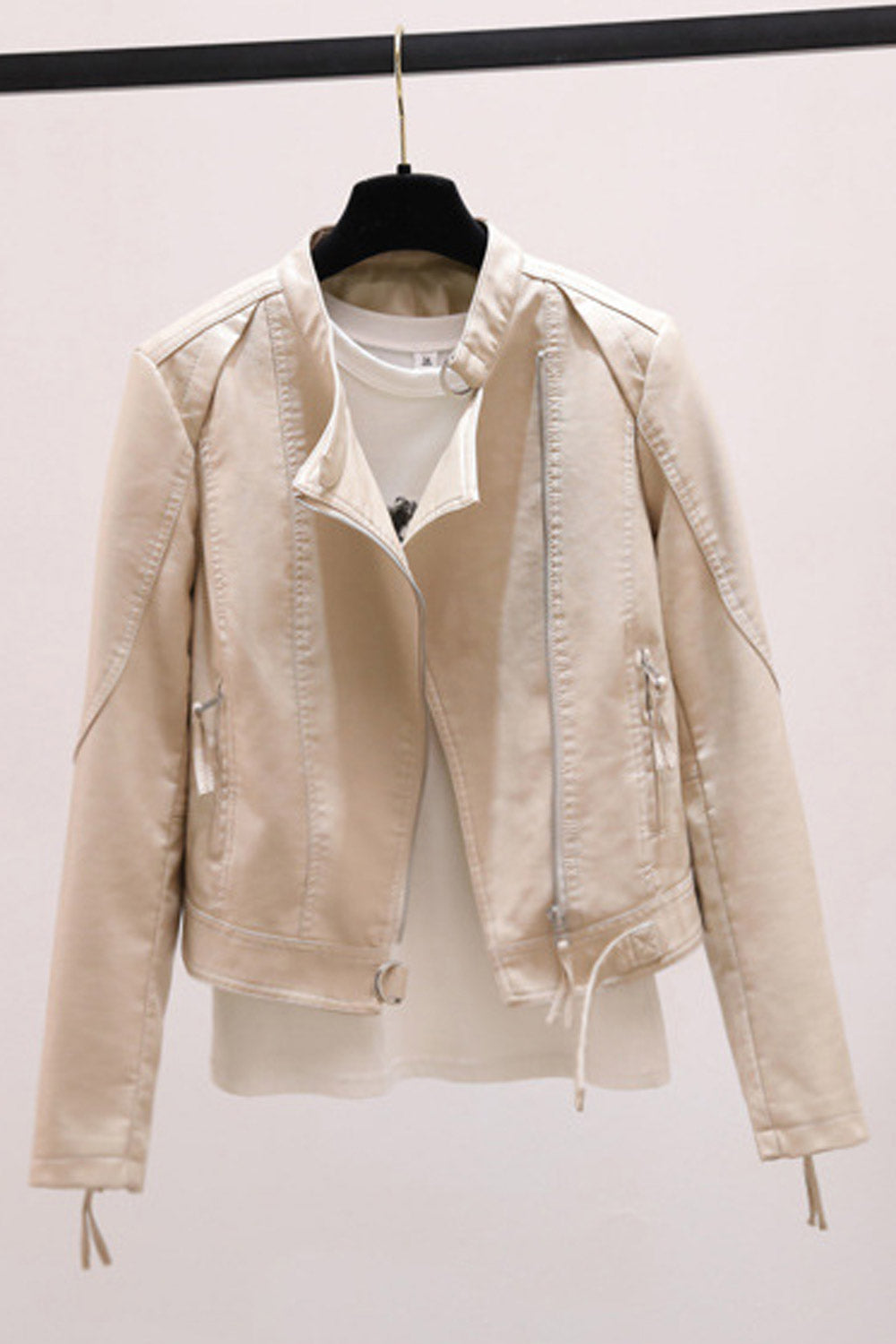 Women Decent Stand Collar Neck Long Zipper Sleeves Waist Belt & Buckle Side Zipper Closure Dilute Winter Leather Jacket