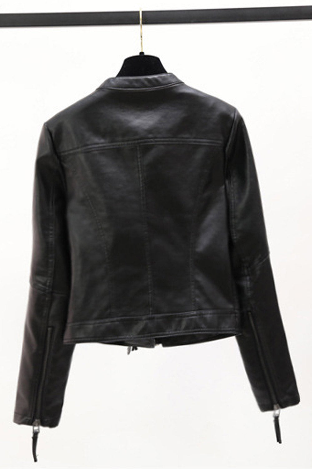 Women Decent Stand Collar Neck Long Zipper Sleeves Waist Belt & Buckle Side Zipper Closure Dilute Winter Leather Jacket
