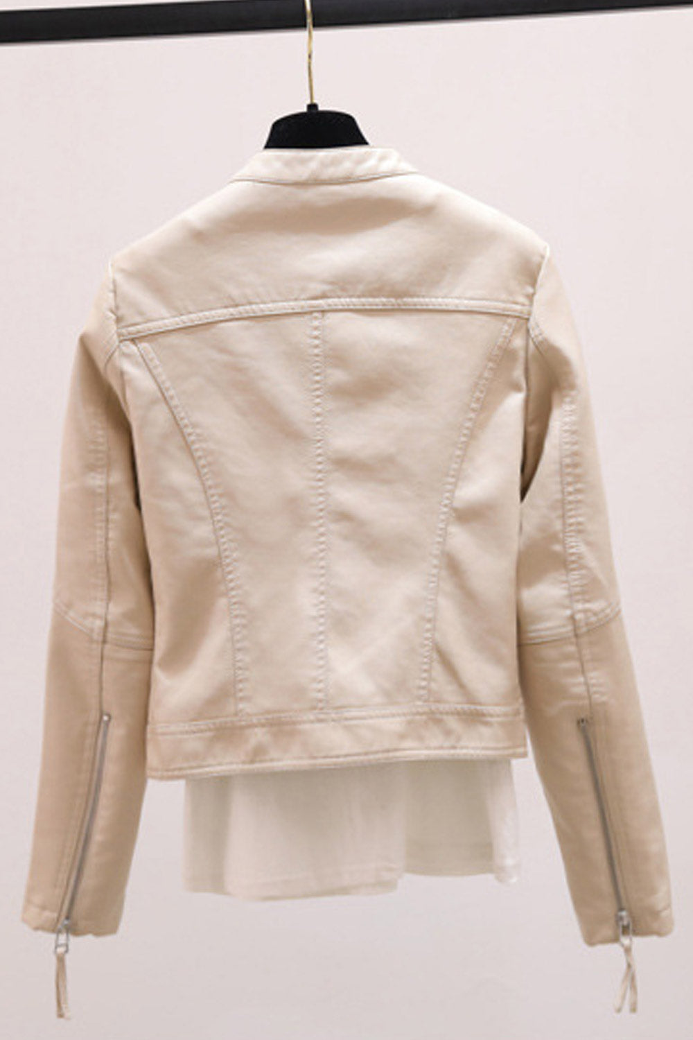 Women Decent Stand Collar Neck Long Zipper Sleeves Waist Belt & Buckle Side Zipper Closure Dilute Winter Leather Jacket