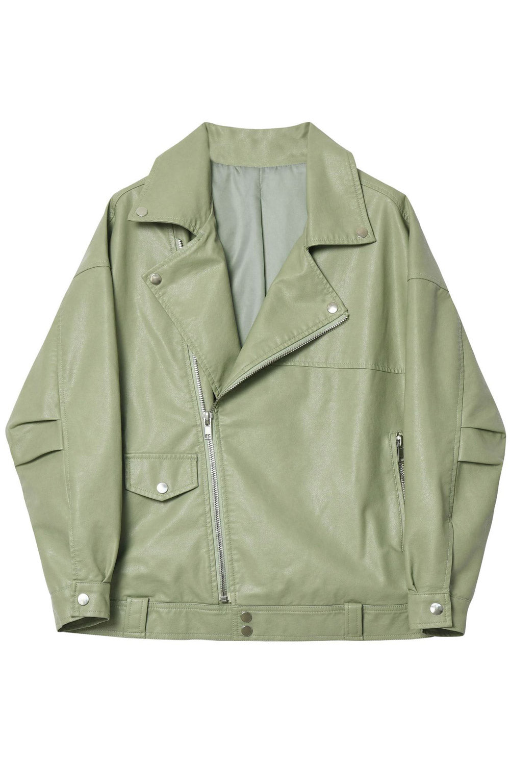 Women Exclusive Design Lapel Collar Neck Buttoned Cuff & Cross Zip Fastener Loose Stylish Winter Leather Jacket