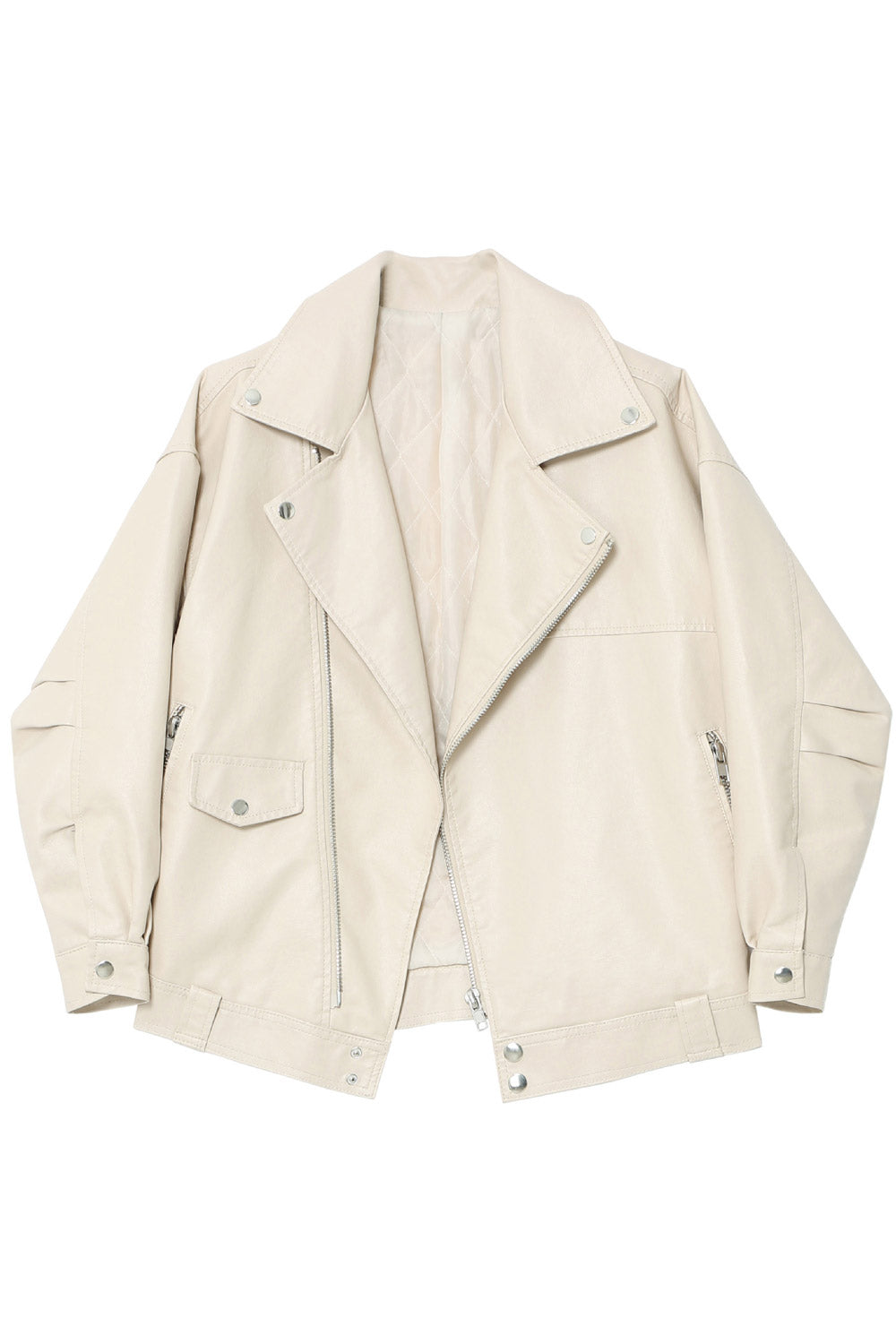 Women Exclusive Design Lapel Collar Neck Buttoned Cuff & Cross Zip Fastener Loose Stylish Winter Leather Jacket