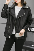 Women Exclusive Design Lapel Collar Neck Buttoned Cuff & Cross Zip Fastener Loose Stylish Winter Leather Jacket
