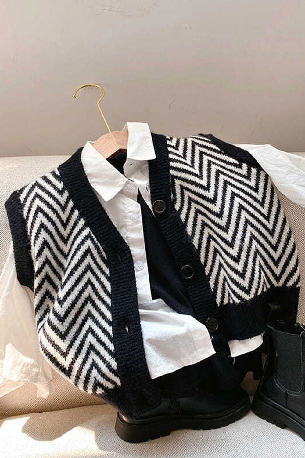 Kids Girls Wave Pattern Long Sleeves Buttoned Cardigan