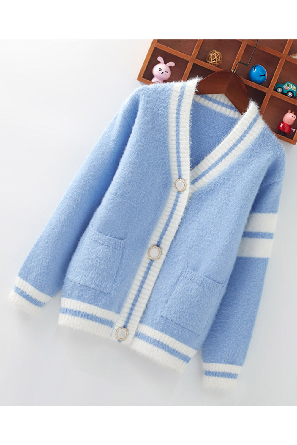 Kids Girls Front Long Buttons Stripes Decorated Cardigan