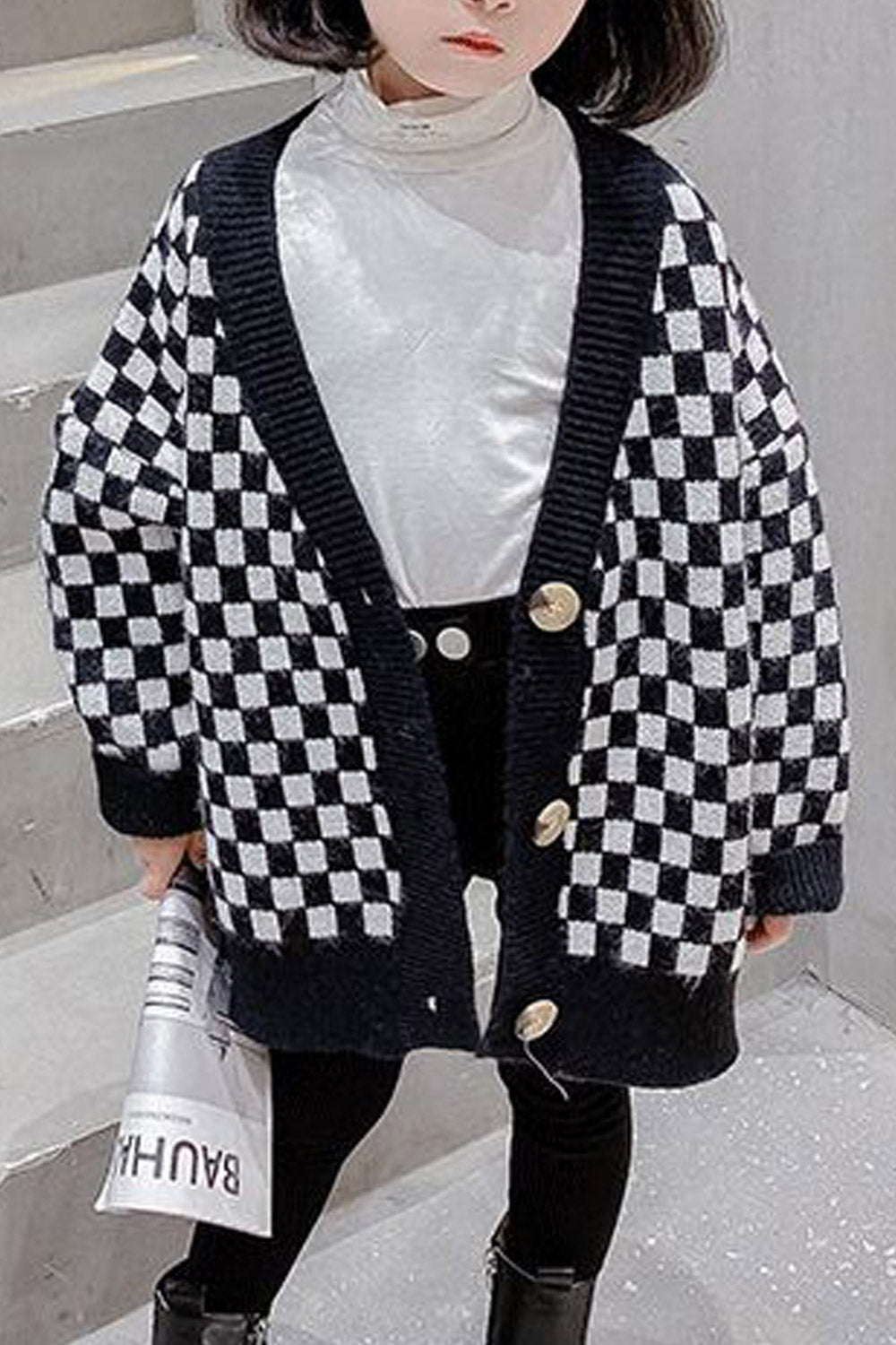 Kids Girls Plaid Pattern Long Sleeves Buttoned Cardigan