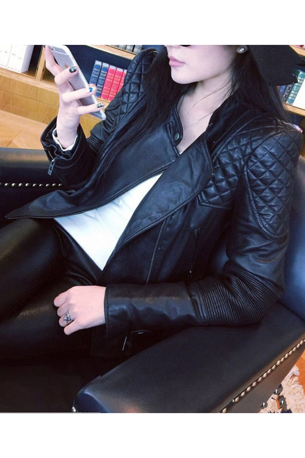 Women Glamorous Stand Collar Neck Stylish Long Sleeves Side Zipper Fastener & Zippered Pockets Restful Winter Leather Jacket