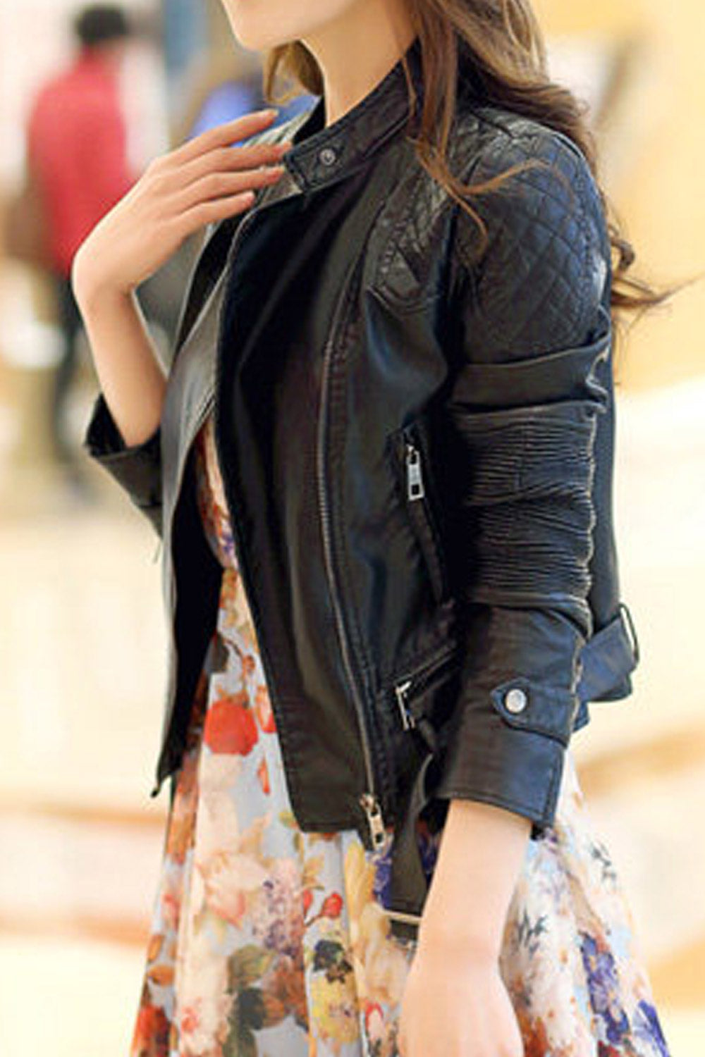 Women Glamorous Stand Collar Neck Stylish Long Sleeves Side Zipper Fastener & Zippered Pockets Restful Winter Leather Jacket