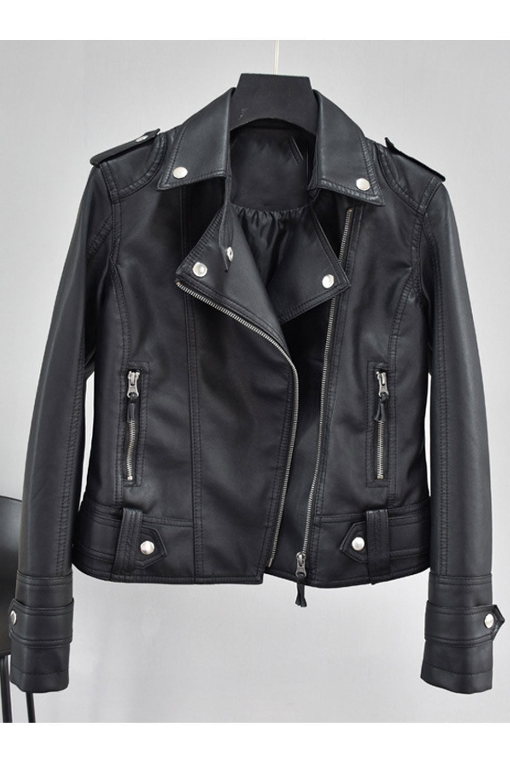 Women Classy Zip Closure Pockets Lapel Collar Neck Comfortable Winter Leather Jacket
