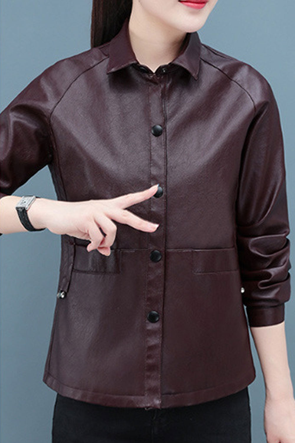 Women Decent Solid Colored Collar Neck Easy Snap Button Closure Attractive Leather Jacket