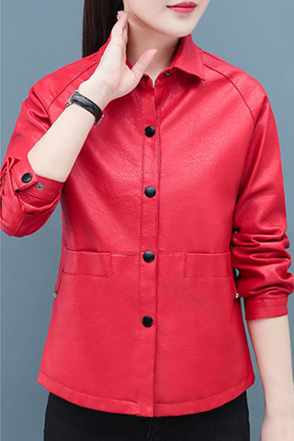 Women Decent Solid Colored Collar Neck Easy Snap Button Closure Attractive Leather Jacket