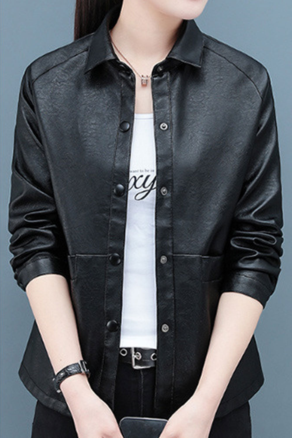 Women Decent Solid Colored Collar Neck Easy Snap Button Closure Attractive Leather Jacket