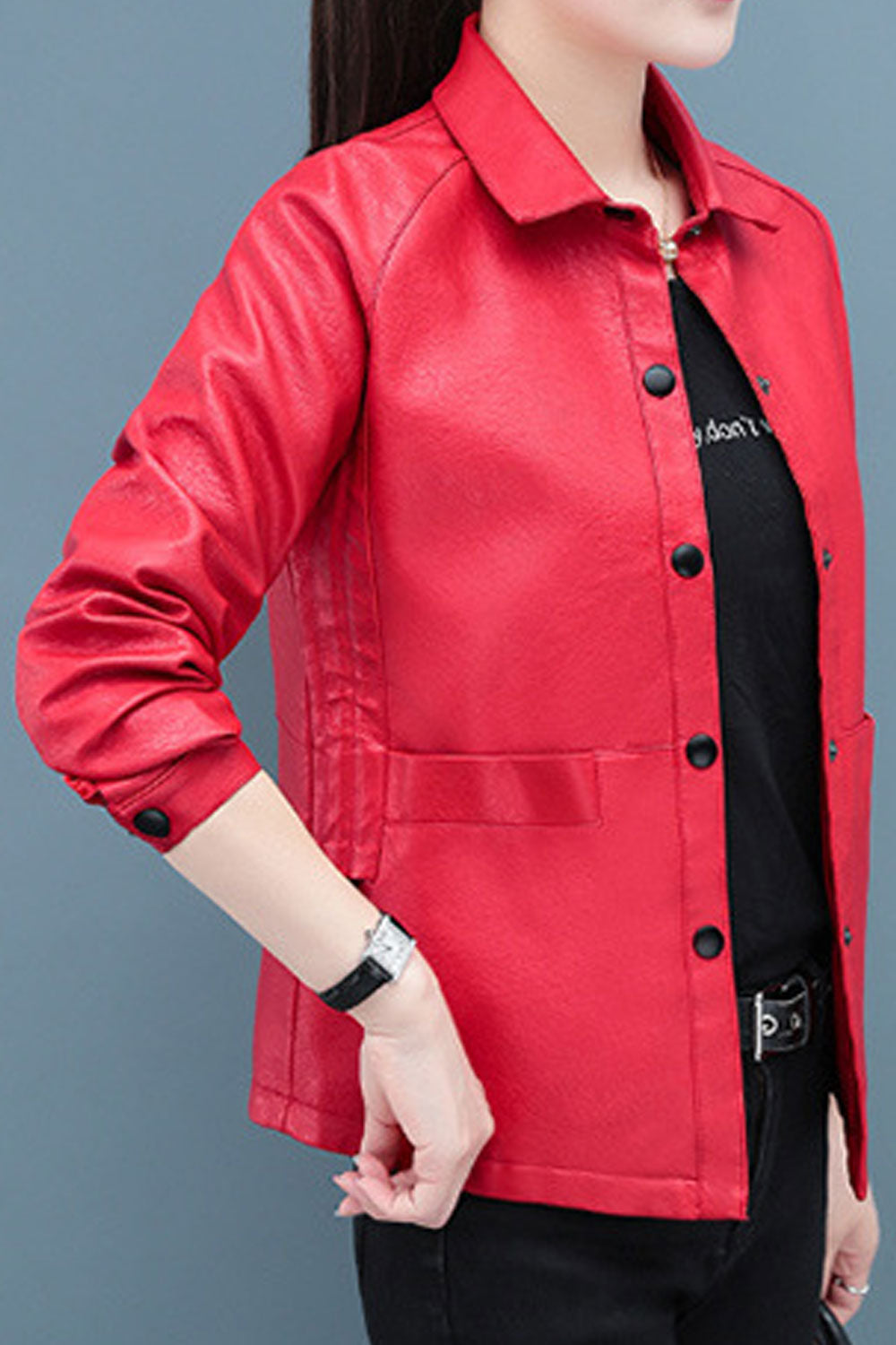 Women Decent Solid Colored Collar Neck Easy Snap Button Closure Attractive Leather Jacket