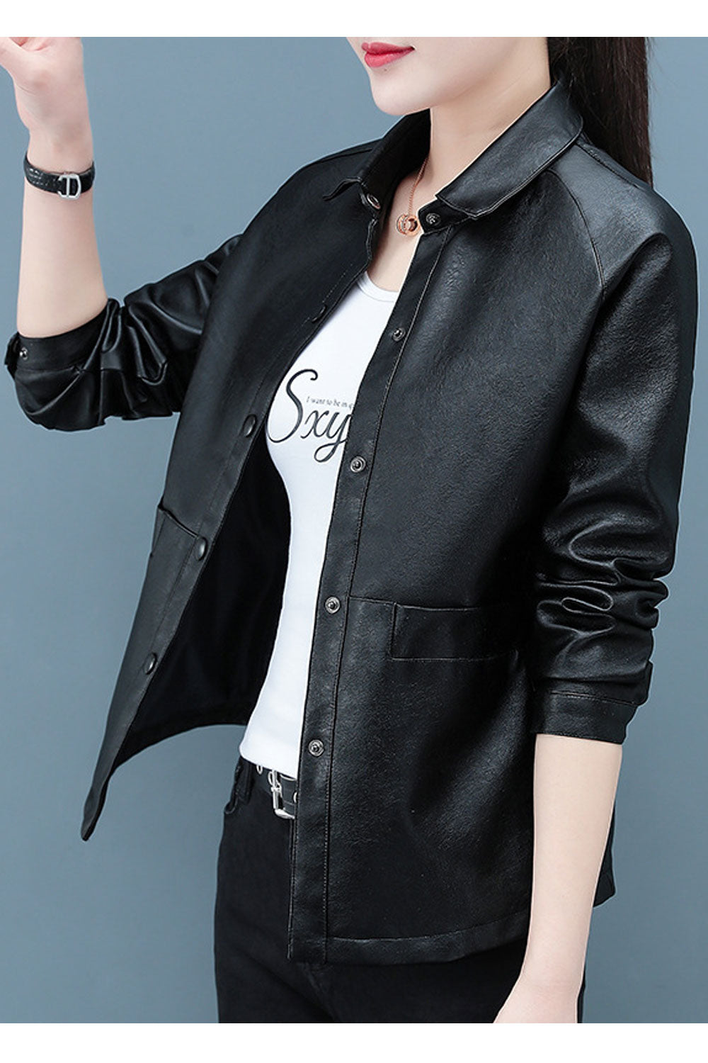Women Decent Solid Colored Collar Neck Easy Snap Button Closure Attractive Leather Jacket