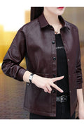 Women Decent Solid Colored Collar Neck Easy Snap Button Closure Attractive Leather Jacket