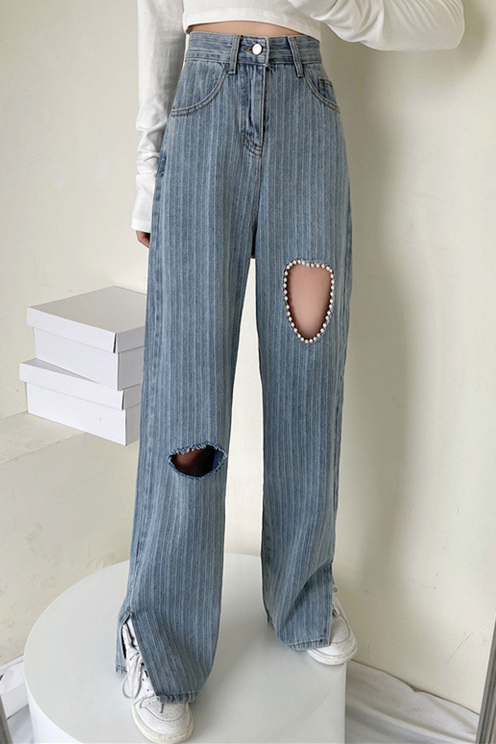 Women Winter Styled Button High-Waist Comfy Loose Fashion Ripped Casual Denim Jeans