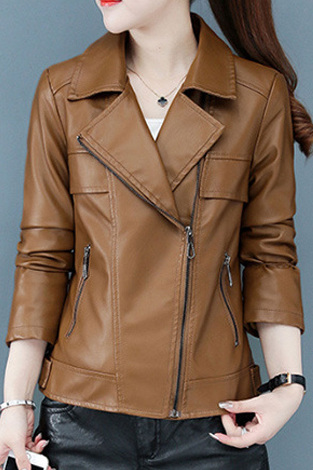 Women Splendid Lapel Collar Neck Zip Stitched Sleeve Attractive Winter Leather Jacket