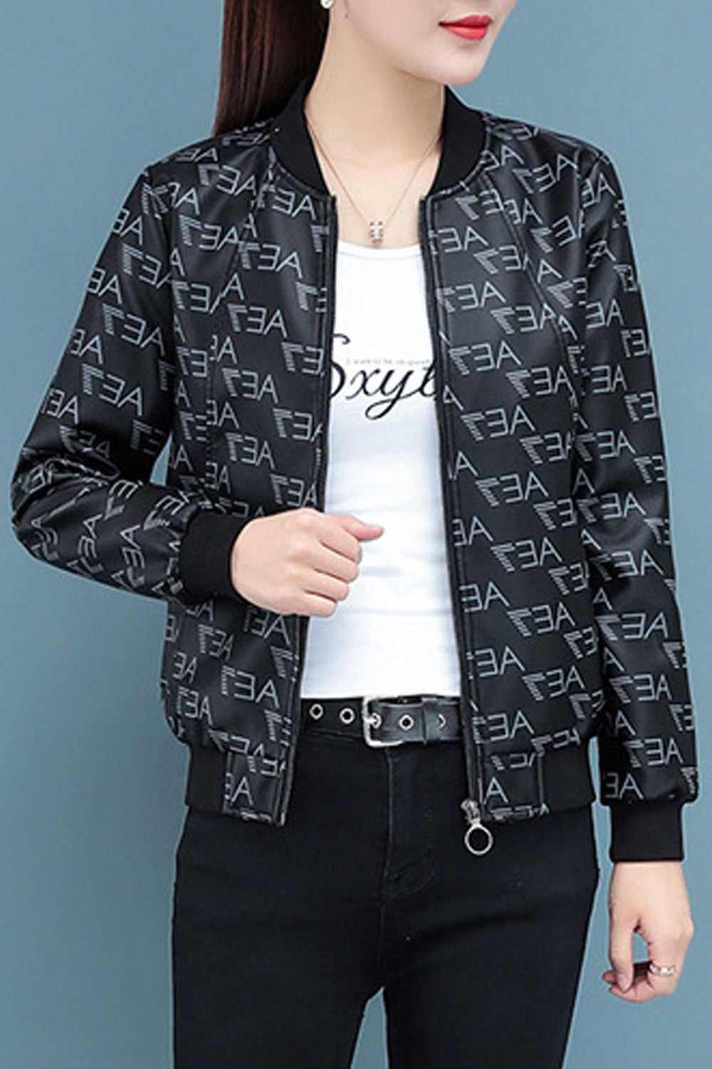 Women Fashionic Letter Pattern Quick Zipper Closure Ribbed Cuff & Hem Splendid Winter Leather Jacket