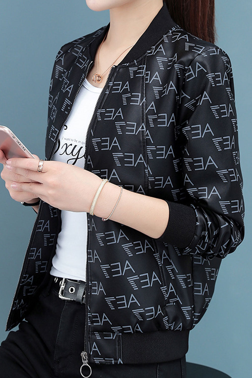 Women Fashionic Letter Pattern Quick Zipper Closure Ribbed Cuff & Hem Splendid Winter Leather Jacket