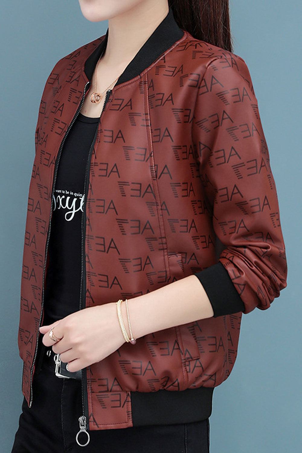 Women Fashionic Letter Pattern Quick Zipper Closure Ribbed Cuff & Hem Splendid Winter Leather Jacket