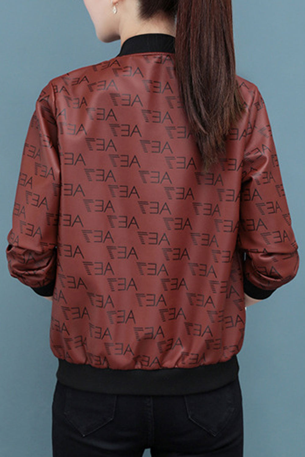 Women Fashionic Letter Pattern Quick Zipper Closure Ribbed Cuff & Hem Splendid Winter Leather Jacket