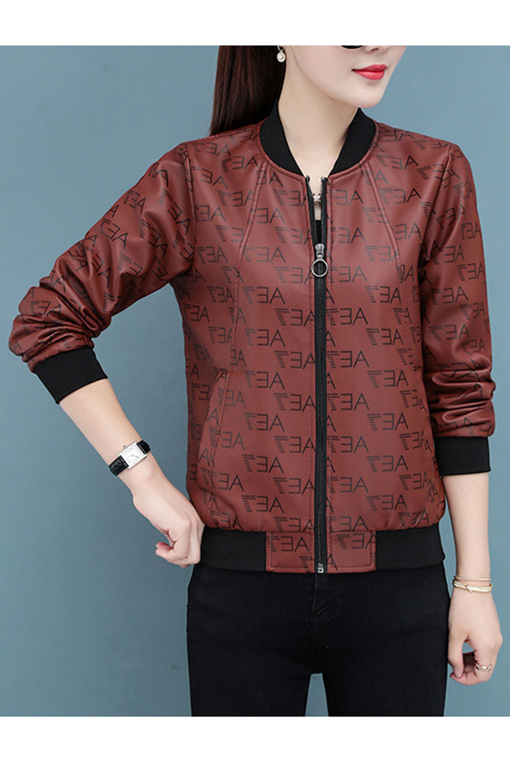 Women Fashionic Letter Pattern Quick Zipper Closure Ribbed Cuff & Hem Splendid Winter Leather Jacket