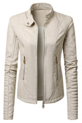 Women Striking Stand Collar Neck Side Zippered Pocket & Easy Zipper Fastener Fitted Long Sleeves Comfy Leather Jacket