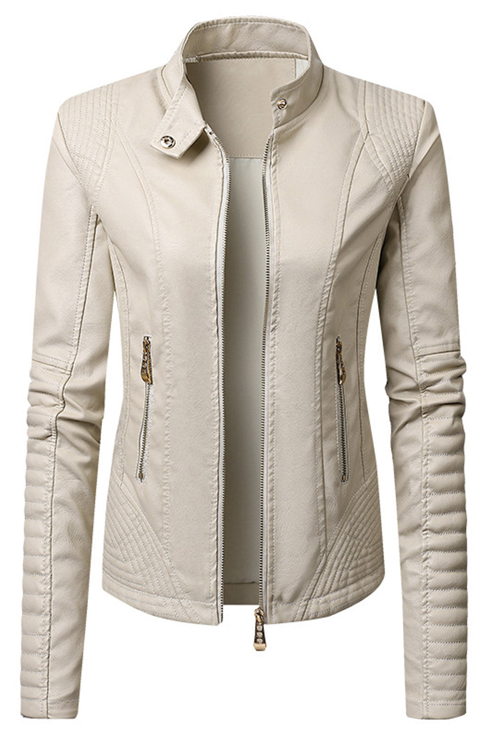 Women Striking Stand Collar Neck Side Zippered Pocket & Easy Zipper Fastener Fitted Long Sleeves Comfy Leather Jacket