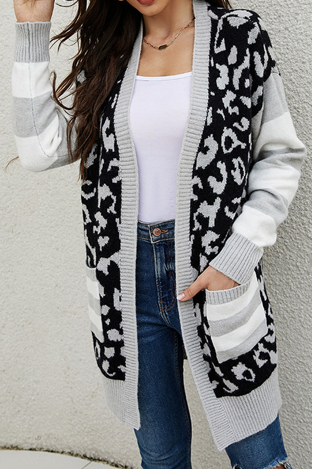 Women Fabulous Front Open Leopard Pattern Mid-Length Attractive Knitted Winter Warm Cardigan