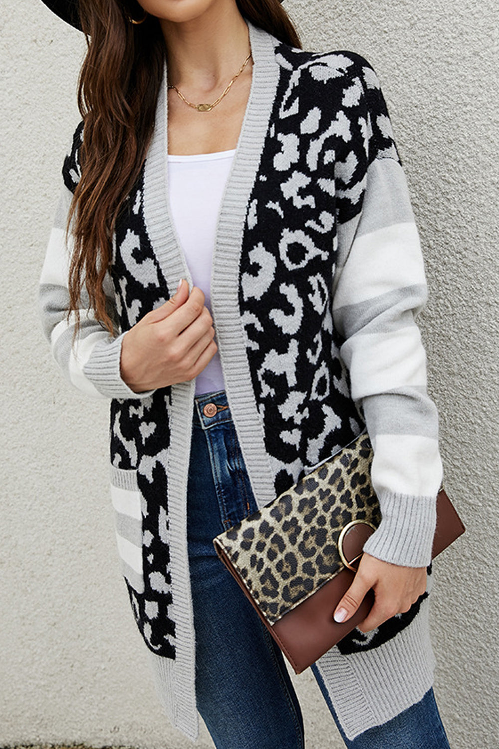 Women Fabulous Front Open Leopard Pattern Mid-Length Attractive Knitted Winter Warm Cardigan
