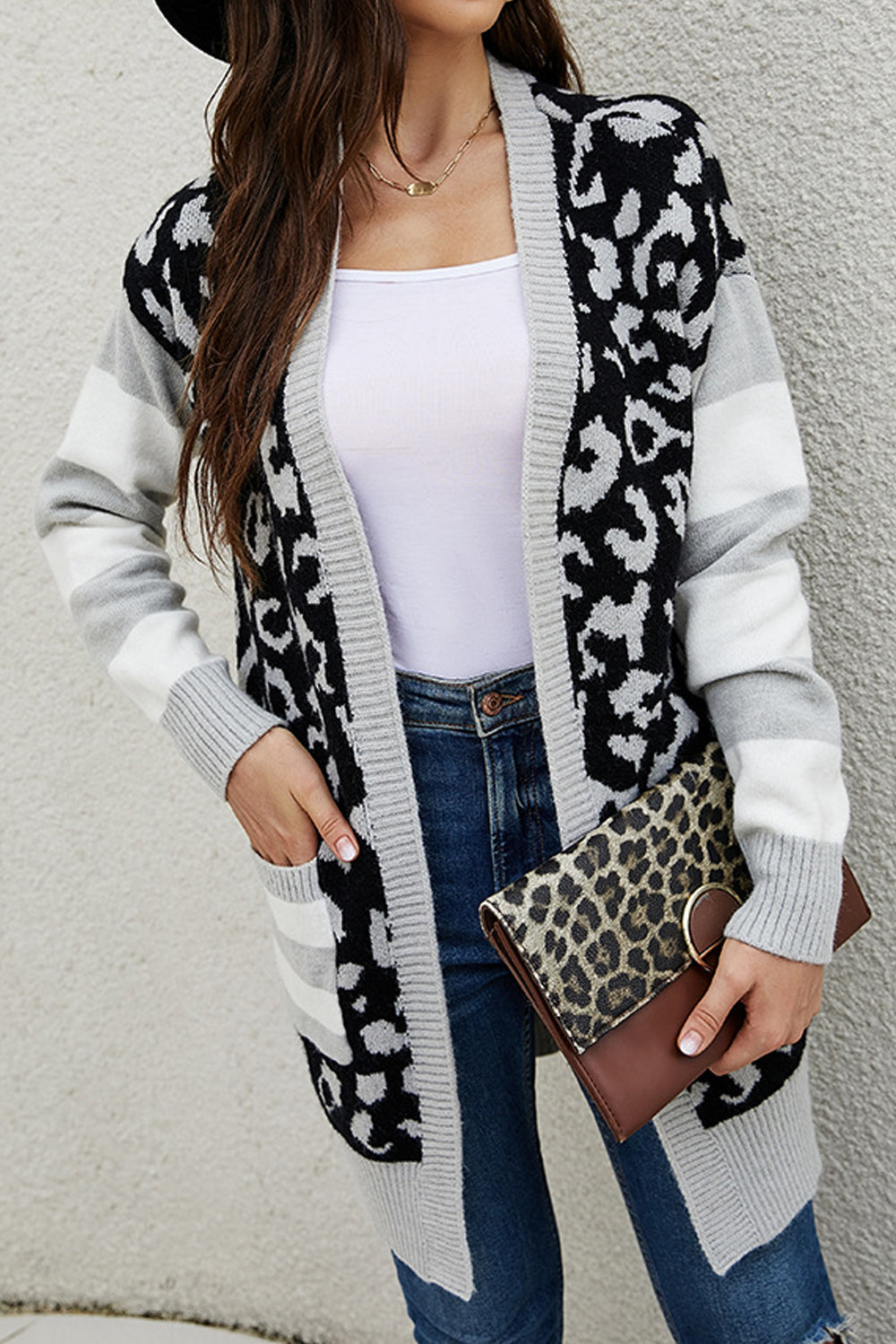 Women Fabulous Front Open Leopard Pattern Mid-Length Attractive Knitted Winter Warm Cardigan