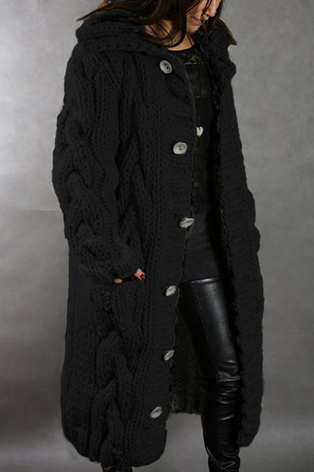 Women Thick & Warm Below The Knee Length Button Closure Collar Neck Knitted Winter Warm Cardigan