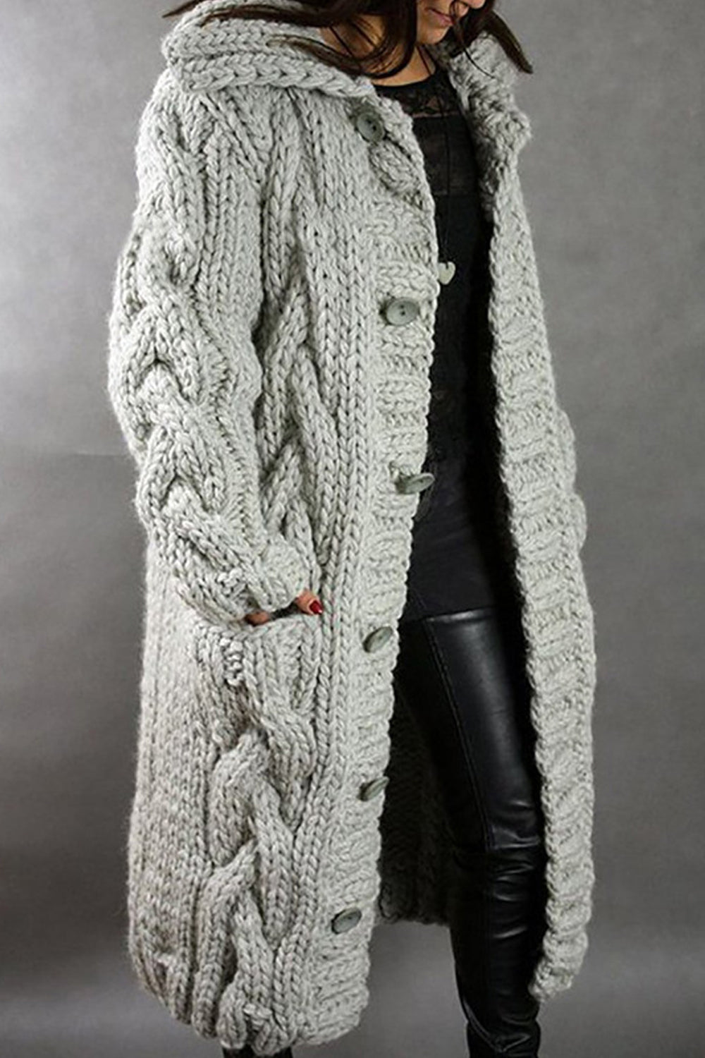 Women Thick & Warm Below The Knee Length Button Closure Collar Neck Knitted Winter Warm Cardigan