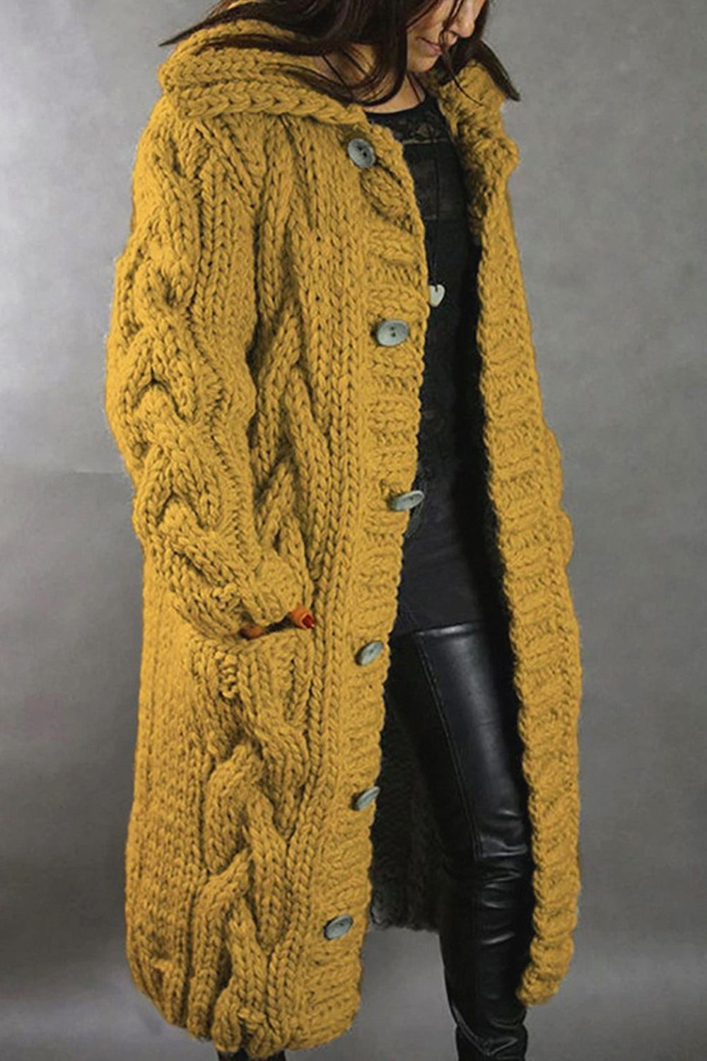 Women Thick & Warm Below The Knee Length Button Closure Collar Neck Knitted Winter Warm Cardigan