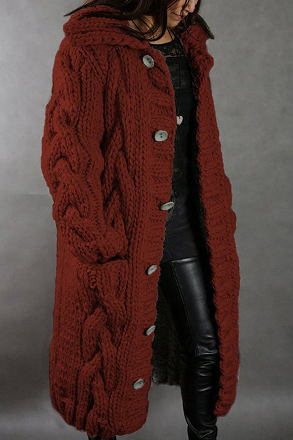 Women Thick & Warm Below The Knee Length Button Closure Collar Neck Knitted Winter Warm Cardigan