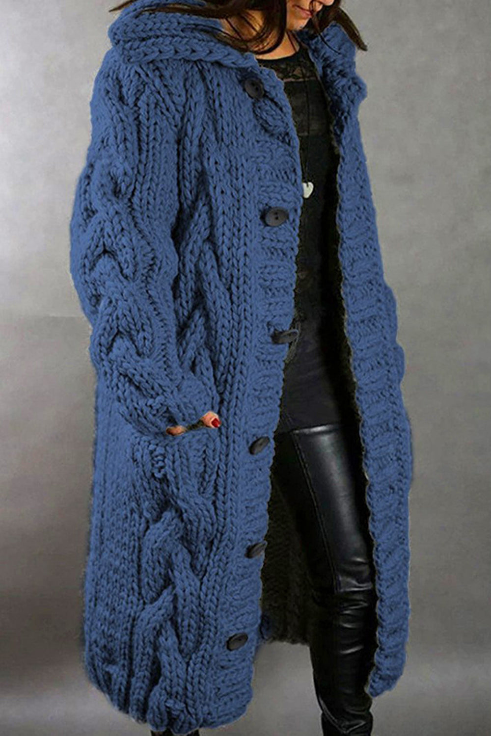 Women Thick & Warm Below The Knee Length Button Closure Collar Neck Knitted Winter Warm Cardigan